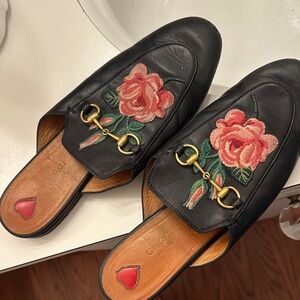 Gucci Black Leather Mules with Pink Floral Embroidery